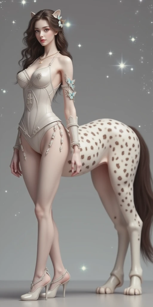 1Centaur Girl，Four legs，Leopard print underwear，Leopard-print clothing，Leopard print，Crystal high heels，The whole body is dazzling and starry，（(Wearing medieval leather armor: 1.6)）（Flesh-colored skin (Cynthia Sheppard), Fair and shiny skin, Full body CGsociety, Beautiful full body concept art, horse, smooth Fair and translucent skin, Pretty blue butterfly hair accessories and pale porcelain skin, Gu Weiss, Fair and translucent skin, Pale skin,,Ivory white skin, Light milky white porcelain skin，（