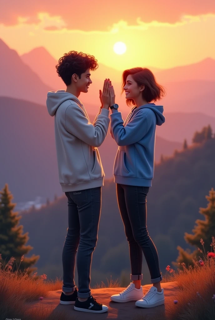 A handsome romantic boy and romantic happy girl standing on the mountain hills in romantic mood, boy wearing white hoodie, black jeans, Curley hair, wearing watch, and girl wearing black jeans, sky blue hoodie, short silky hair, evening sunset, mountain hill in background, evening sunset, written 'Abhishek' in backside of boy jacket, and written 'khushi' in backside of girl hoodie, giving Hi-five each other , romantic mood,