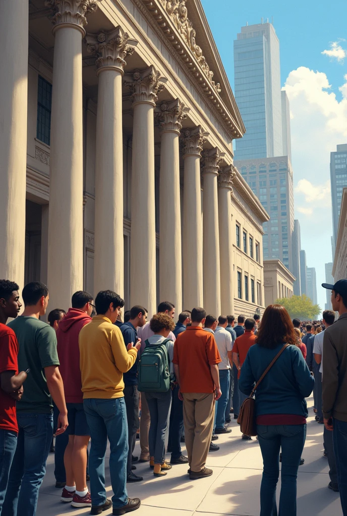 A group of citizens in a queue to pay taxes at the city hall.