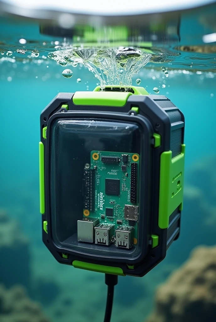 generate a small protective box that contains a raspberry pi and other components inside, Give it green and black colors and preferably have protection to submerge under water . Add that the sensors connected to the raspberry pi can be seen in the image