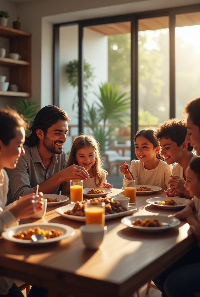 A hyper-realistic image of a Latin American family having breakfast in a large kitchen. The scene must include six people: the parents, two children, and two grandparents, all seated around a spacious table. It is important that everyone is shown enjoying chocolate as part of their breakfast. The kitchen is modern and well-lit, with natural light streaming in through large windows. The family members are smiling and interacting warmly with each other, creating a joyful atmosphere. The image should capture detailed expressions and vibrant colors, emphasizing the connection between the family members as they share a meal together.