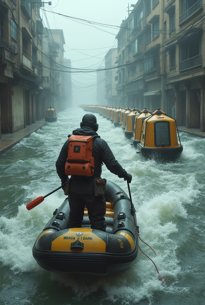 Using controlled water currents in a flood to transport compact floating shelters pulled by a rescuer using a rope