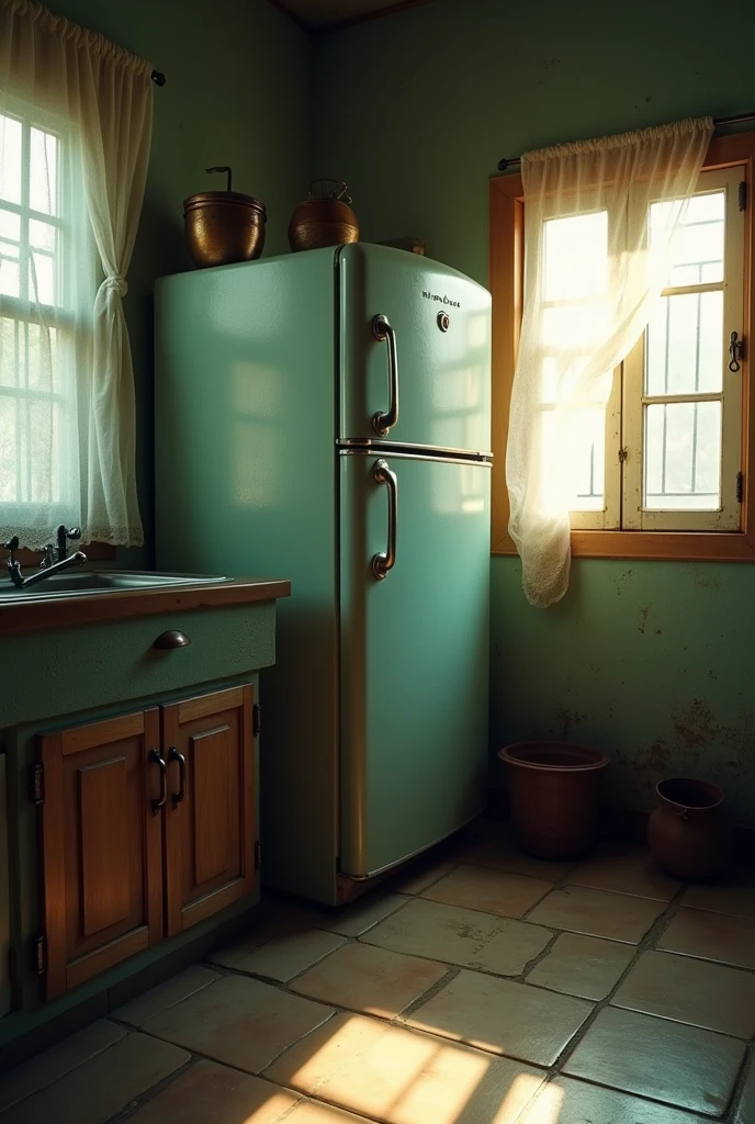 cinematic, photorealistic film poster of an old refrigerator in the central corner of the kitchen, window with white curtain fluttering nearby, Darjeeling middle class, detailing, early morning, wide shot of the kitchen