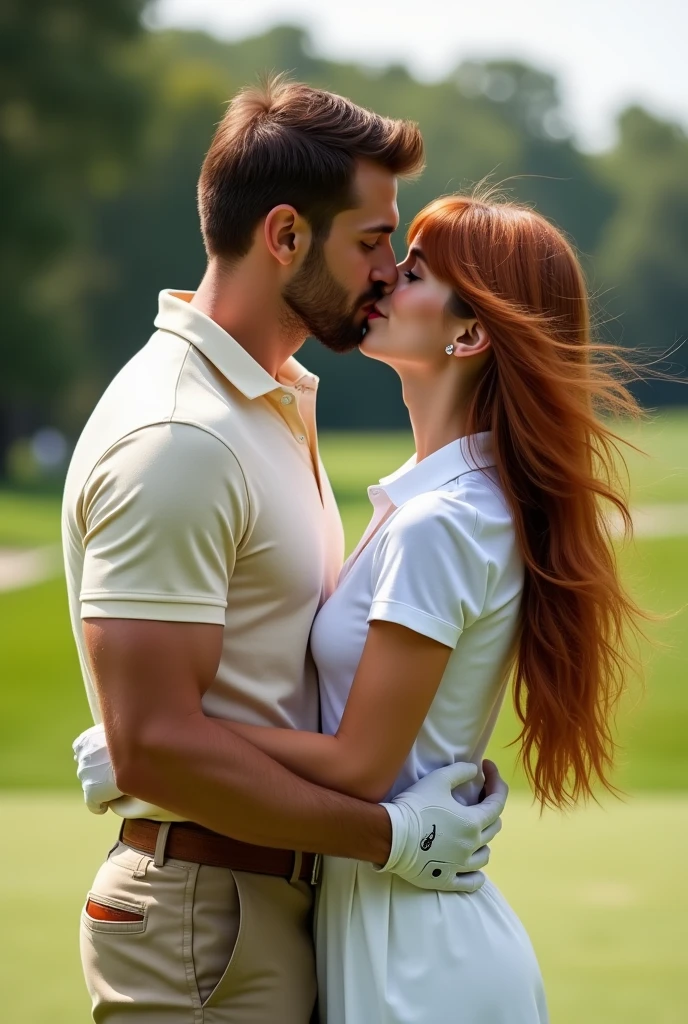 Create dynamically posed images, a couple kissing with their eyes closed on a sunny golf course. a handsome man, Can Yaman, chestnut hair, strong square chin, defined chin, com bigode Beardstache imperial, strong muscular physique, wearing a cream Ralph Lauren polo shirt with dark beige dress pants and gloves. by your side is a beautiful young woman, Kennedy Walsh, Caucasian skin, freckles, very long silky reddish brown hair with bangs, red lips, wearing a white polo collar t-shirt, white skirt and white gloves.