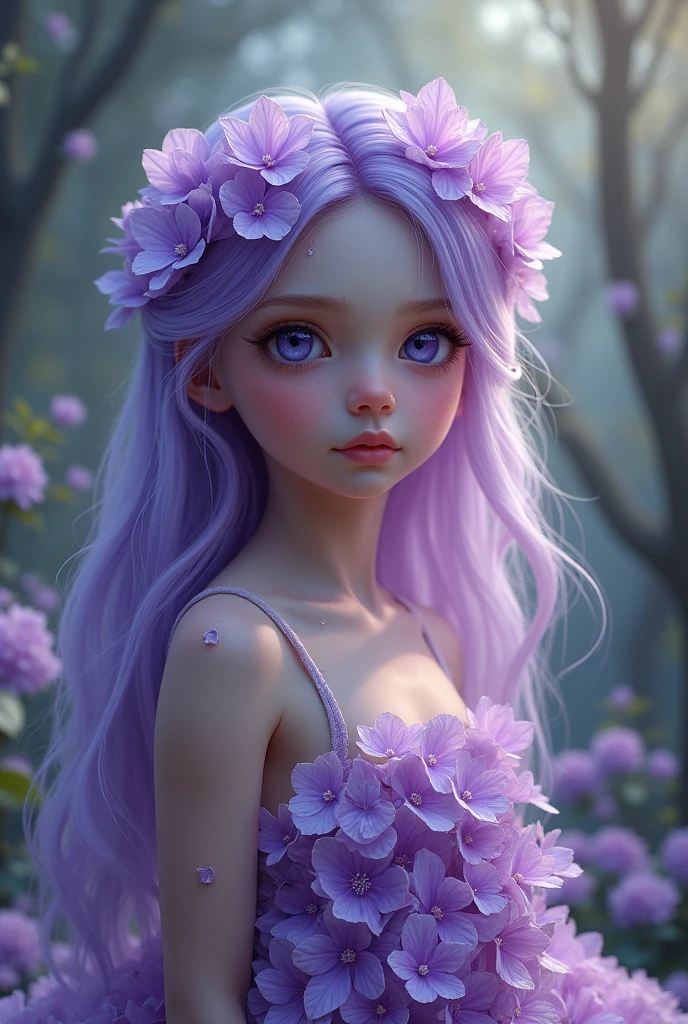 A girl with the appearance of a wild fairy. May your skin color be lavender, Her hair is purple and her eyes are deep purple.. Let her wear a dress made from hydrangea flowers