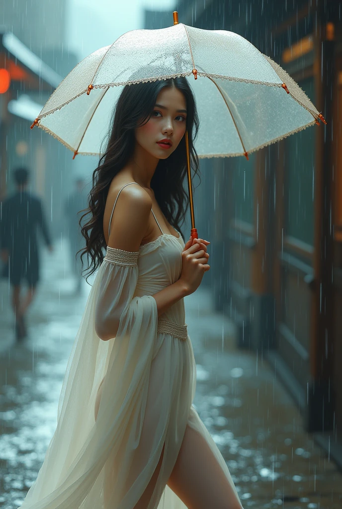 A beautiful girl , holding umbrella walking through rain, aesthetic, realistic, beautiful