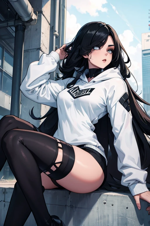Age 22, White skin girl, , Bblack hair, extremely long hair, , sweatshirt clothes, futuristic armor, Female One, short preto, blackstockings, Women'black sneakers, Bblack hair, hair between the eyes, Bblack hair, cloused mouth, range, cabelo bagunçado Bblack hair cabelo extremamente longos olhos cinzas