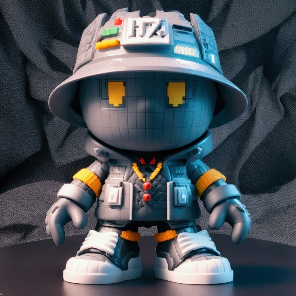 A highly detailed 3D rendered designer toy character with a unique pixel art style. Each small grid within the character's clothing and accessories contains meaningful text or symbols. The character NFTembodies Designer Toy, Vinyl Toy, Streetwear Style, Stylized Character, Fashionable Figurine, Hip Hop Influence, Detailed Accessories, Modern Toy Design, and Colorful Backgrounds.LIMITED EDITION（The background is black and white retro poster #Cinematography, Cinematography, Wide-angle lens, precise, 