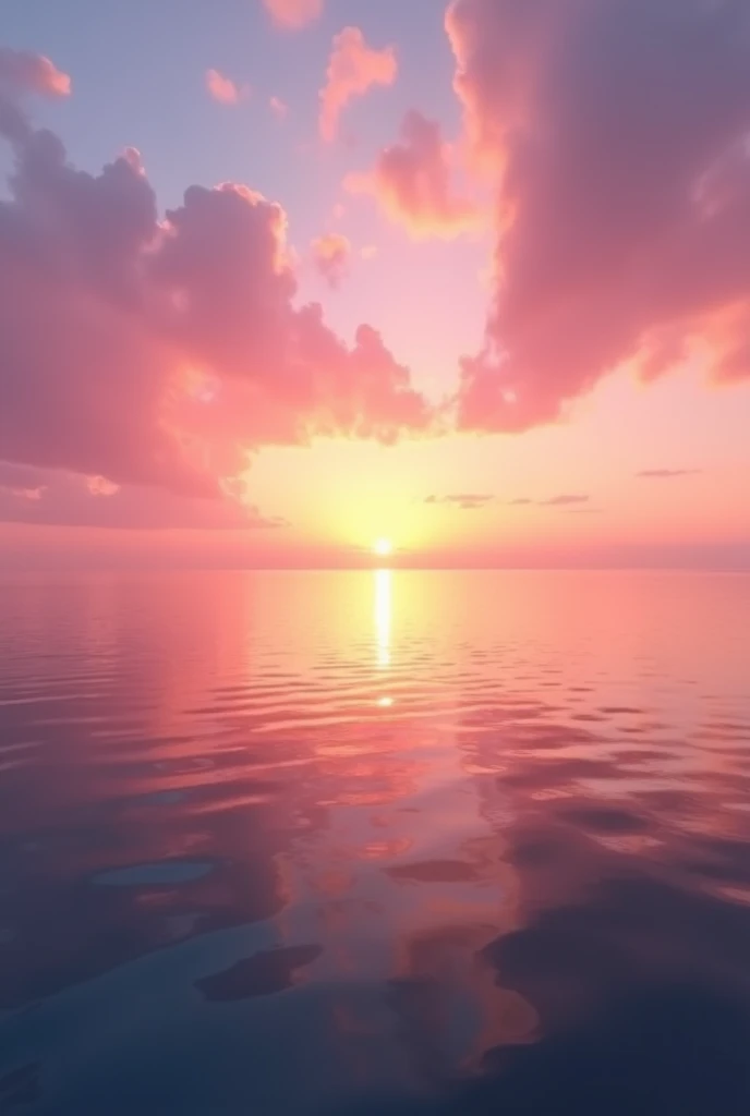A serene sunrise over a calm ocean, the sky painted in hues of pink, orange, and purple. The camera gently pans up from the ocean to the horizon as the sun begins to rise.