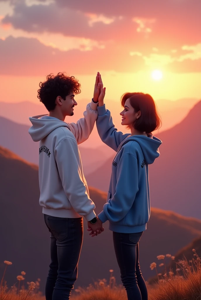 A handsome romantic boy and romantic happy girl standing on the mountain hills in romantic mood, boy wearing white hoodie, black jeans, Curley hair, wearing watch, and girl wearing black jeans, sky blue hoodie, short  silky hair, evening sunset, mountain hill in background, evening sunset, written 'Abhishek' in backside of boy jacket, and written 'khushi' in backside of girl hoodie, giving Hi-five each other , romantic mood,