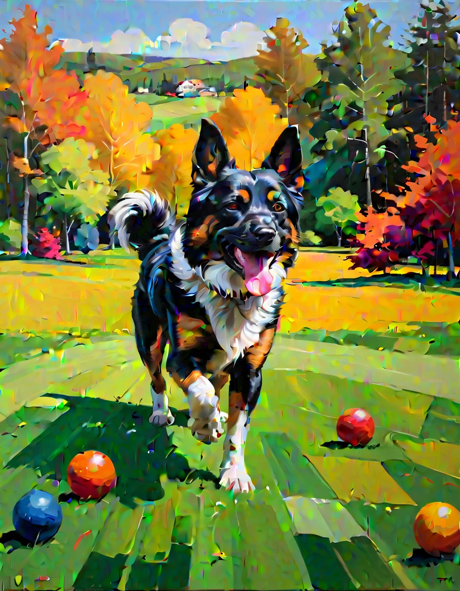 Masterpiece, best composition, dynamic composition, colorful landscape painting, dog on lawn.