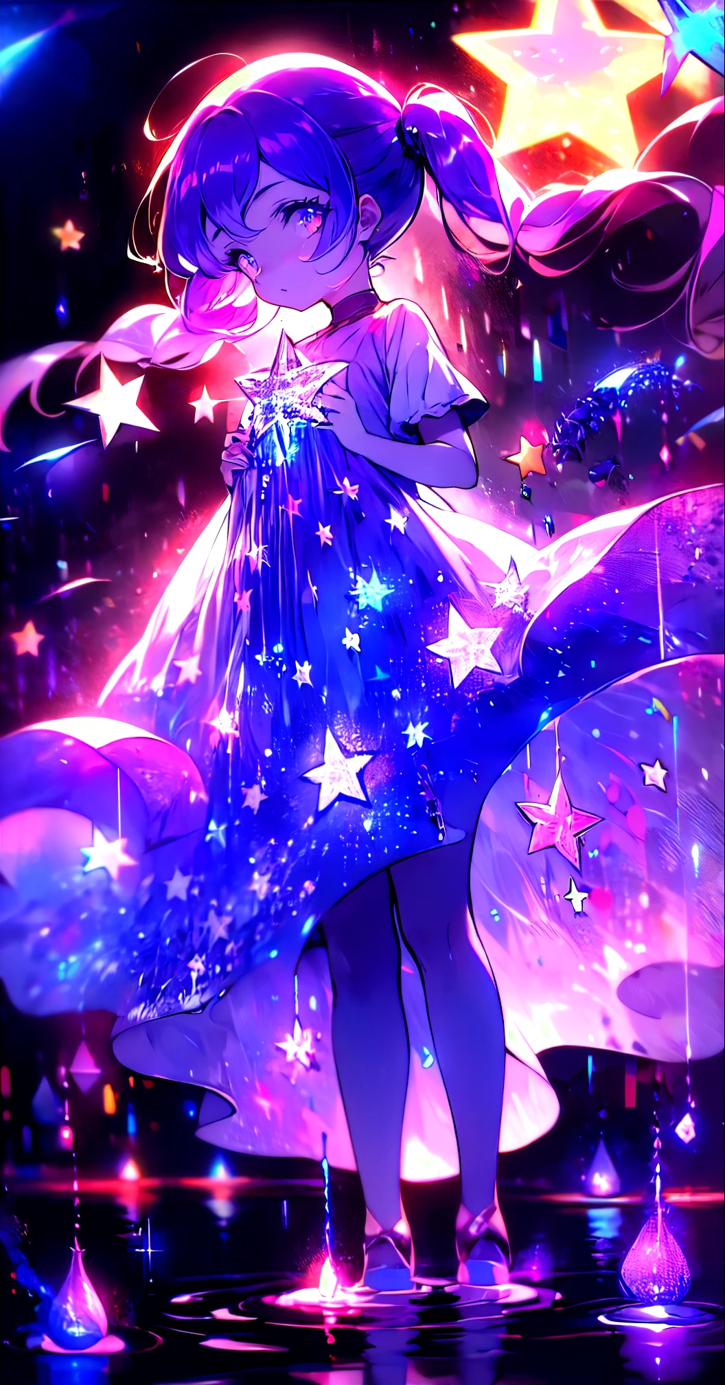 dress, water遊び, star, water, null, night, Shine, star, night null, Backlight, Particles of light, Floating Hair, Absurdres, ultra detailed, masterpiece, highest quality, beautiful, detailed, Severe, 1girl, mature, (lavender Eyes:1.3), dark purple Hair, ((big thick twintails)), short sidelocks, large chest, full body