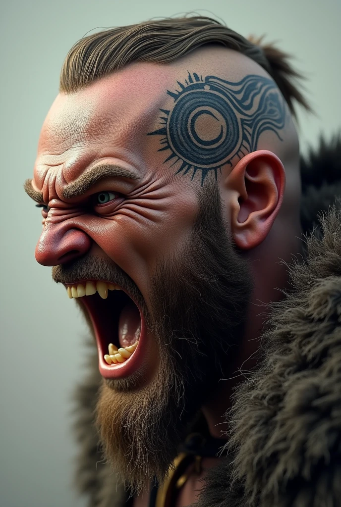 Realistic Viking screaming with his teeth bared with a Norse tattoo around his eye and with his eyes open and very expressive 