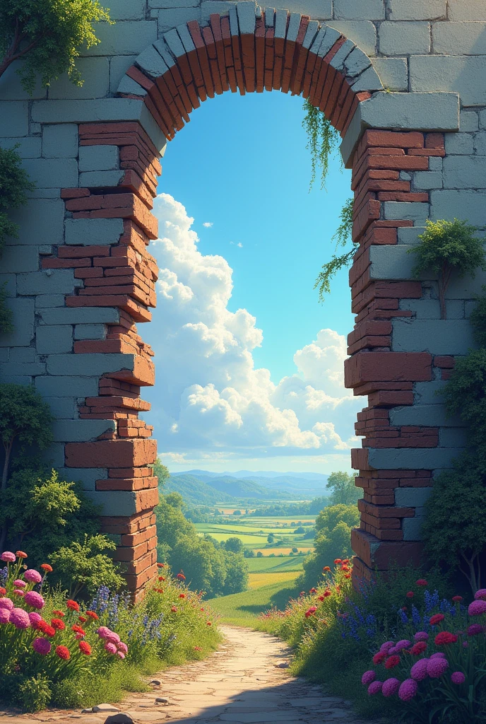 a wall made of broken grey bricks, and on the other side there is a world full of possibilities, colors and nature.