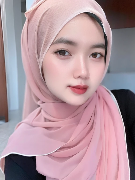 a photo portrait of a beautiful asian girl with hijab , (plain pastel pink hijab), (medium shot portrait:1.3), dramatic light , Rembrandt lighting scheme, (hyperrealism:1.2), (8K UHD:1.2), (photorealistic:1.2), shot with Canon EOS 5D Mark IV, detailed face, detailed skin texture, full breasts, chubby, nipples protruding, beauty