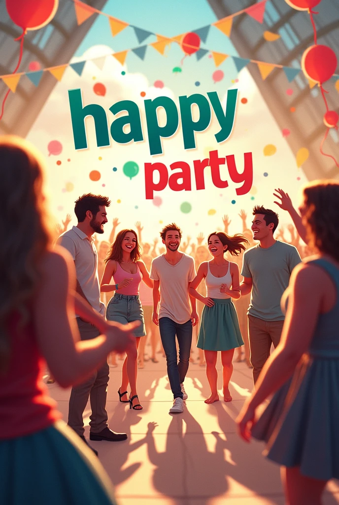 People enjoying a happy and big party that you can see the words "happy party"