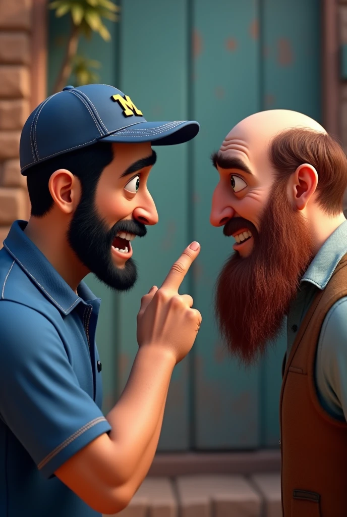 Pixar-inspired 3D poster capturing a background scene with a 3 man with a short, dark beard , square face white man with black hair to the side short lumberjack style dressed in blue polo shirt or suit with a blue cap with the letter m on the cap light skin color angry pointing a finger at the face of a bearded white man in the red shirt