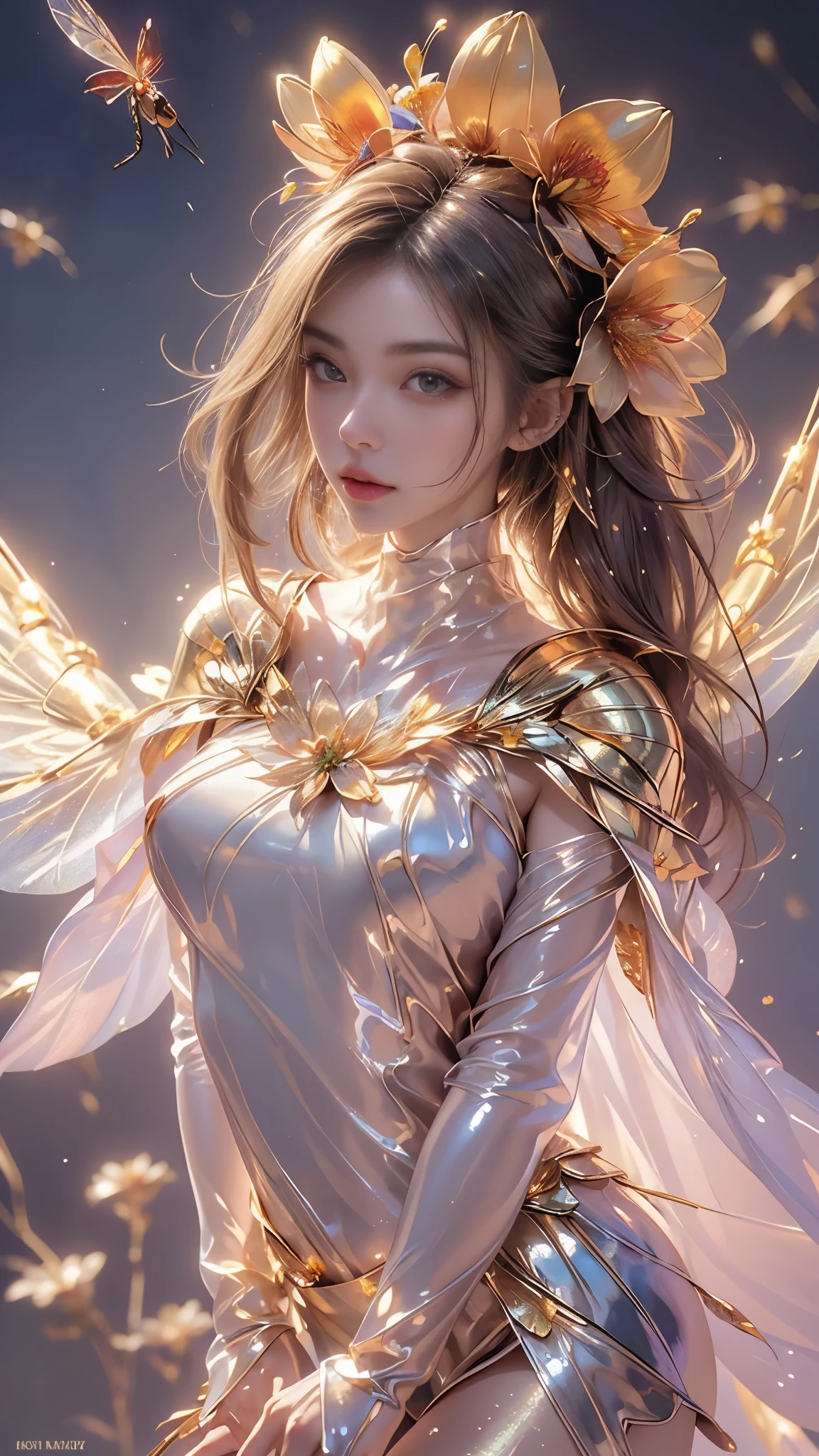 8k, masterpiece, 1 girl, beautiful face, very long hair, light makeup, (glossy skin:1.5), detailed eyes, detailed lips, small bust, short clothing, dragonfly, ((golden dragonfly clothing)), ((flowing cape)), light clothing, (flower falling:1.5), god rays, depth of field, ray tracing,