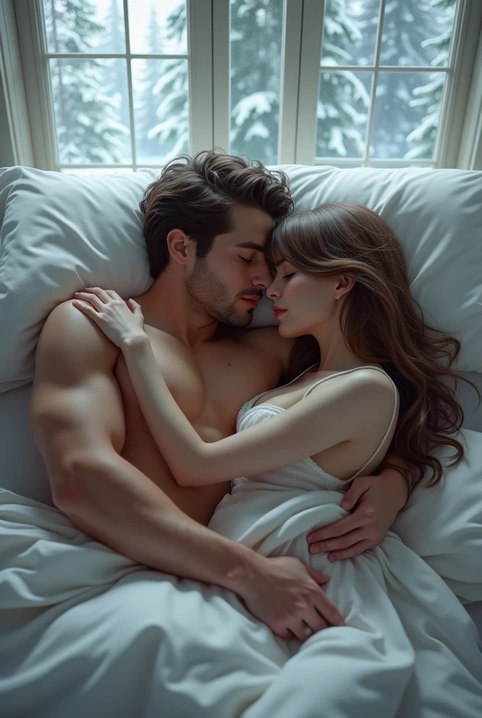 Create dynamically posed images, a couple sleeping in bed, a handsome man, Can Yaman, 20 year, brown hair, strong square chin, defined chin, thin thin mustache , strong muscular physique, Unclothed com o dick duro. He is sucking on a young woman's breast with his mouth., Kennedy Walsh, Caucasian skin, freckles, greyish blue eyes, very long brown silky hair with curtain style bangs, Unclothed. They are lying in a large white bed sleeping with window panes showing a pine forest falling snow, sucking on her breast, he is showing his penis