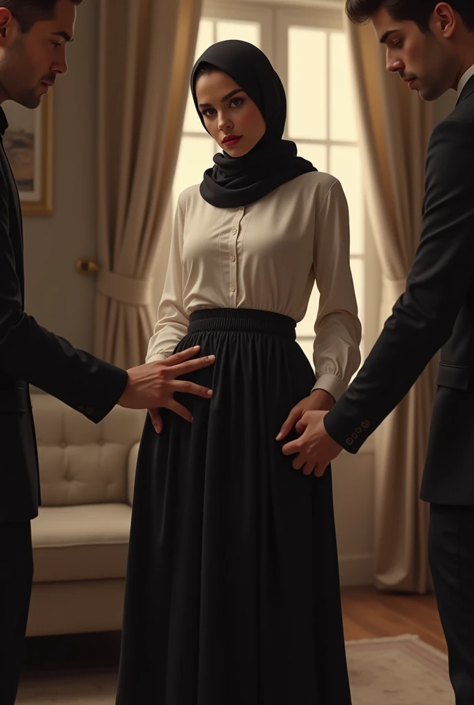 Black headscarf at home, white long sleeve t shirt, black long skirt, barefoot, sexy woman. Men touching women's buttocks.