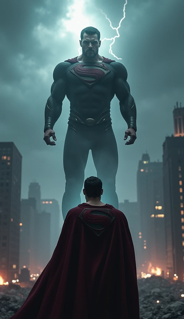 Scene 1 - The Awakening of Conflict: Superman and General Zod, all in black and without a cape, meet in a devastated city. The sky is laden with dark clouds and lightning, reflecting the state of tension. Superman is in the center, with a determined attitude, while Zod is floating before him, With a defiant expression.