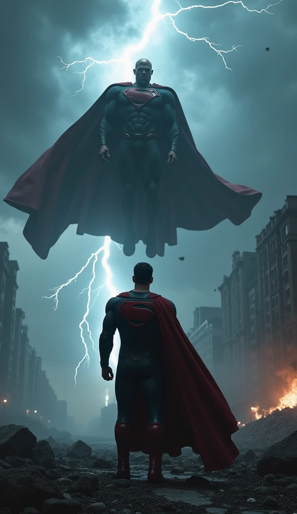 Scene 1 - The Awakening of Conflict: Superman and General Zod, all in black and without a cape, meet in a devastated city. The sky is laden with dark clouds and lightning, reflecting the state of tension. Superman is in the center, with a determined attitude, while Zod is floating before him, With a defiant expression.