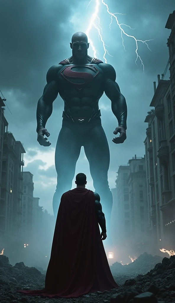 Scene 1 - The Awakening of Conflict: Superman and General Zod, all in black and without a cape, meet in a devastated city. The sky is laden with dark clouds and lightning, reflecting the state of tension. Superman is in the center, with a determined attitude, while Zod is floating before him, With a defiant expression.