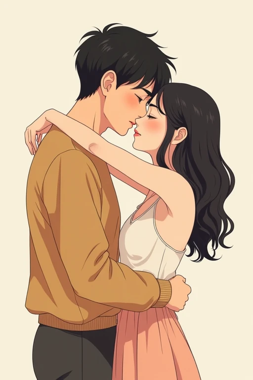 The moment when she is suddenly and gently hugged by her boyfriend. Anime style, no exposure. The illustrations are consistent.
