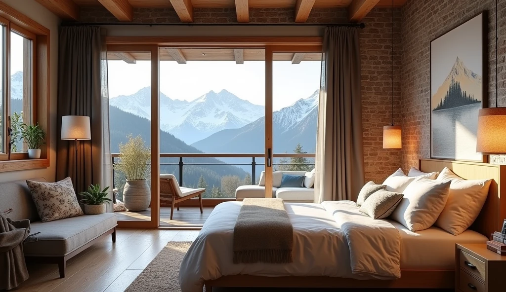 contemporary cottage bedroom design ideas, balcony, mountain view
