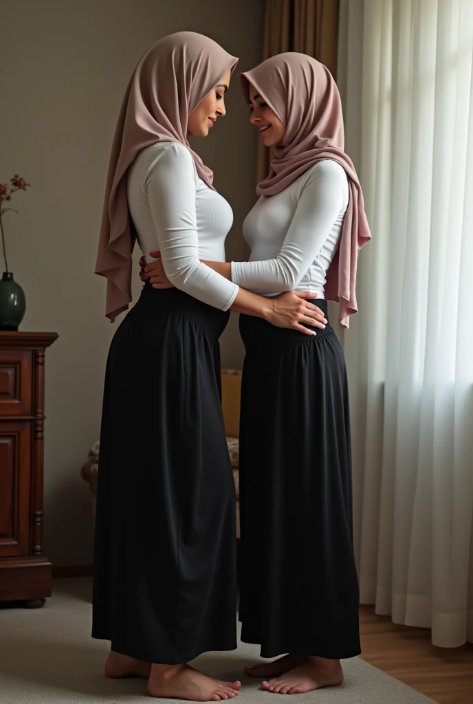 Wearing a headscarf at home, white long sleeve t shirt, black long skirt, barefoot, sexy woman. Men touching women's buttocks.