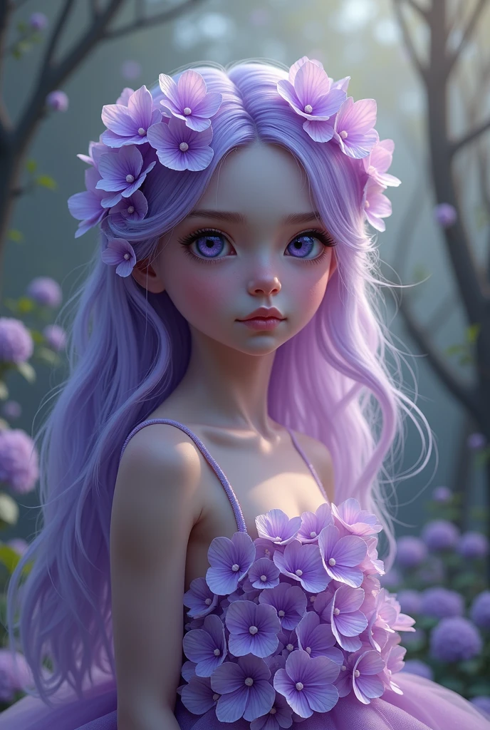 A girl with the appearance of a wild fairy. May your skin color be lavender, Her hair is purple and her eyes are deep purple.. Let her wear a dress made from hydrangea flowers 