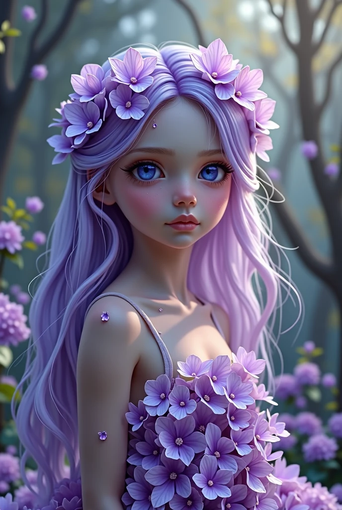 A girl with the appearance of a wild fairy. May your skin color be lavender, Her hair is purple and her eyes are deep purple.. Let her wear a dress made from hydrangea flowers 