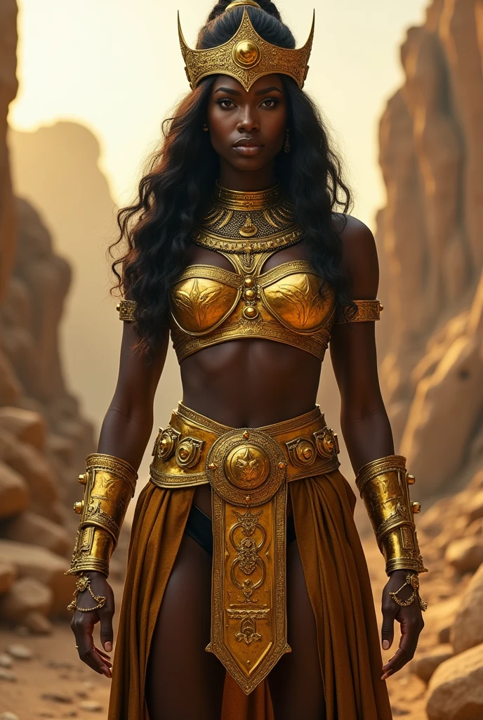 Black woman. Decked in gold. Brown Warrior clothing style. Axe on hand. Ultra high resolution.