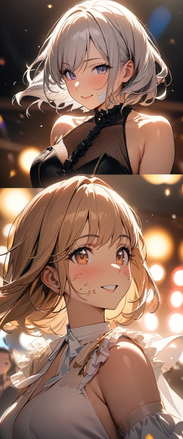 best picture quality, 8K, high quality, masterpiece:1.2), ((masterpiece)), (high detail, high quality, best picture quality), bokeh, DOF, Portrait, back to back, (matured ladys), (cute illustration:1.2), (Delicate facial depiction:1.5), perfect anatomy, perfectly balanced anatomy, stage, (multiple girls with various hair color and style:1.2), 2girls, daylight, beautiful light, professional lighting, (small size breast), (sleeveless gorgeous idol dress wi lots of frills, detached sleeve,), (idolmaster), cute round face girl, dynamic posing, exciting mood, smiling, dynamic angle, (armpits:1.2), white pantyhose, smiling