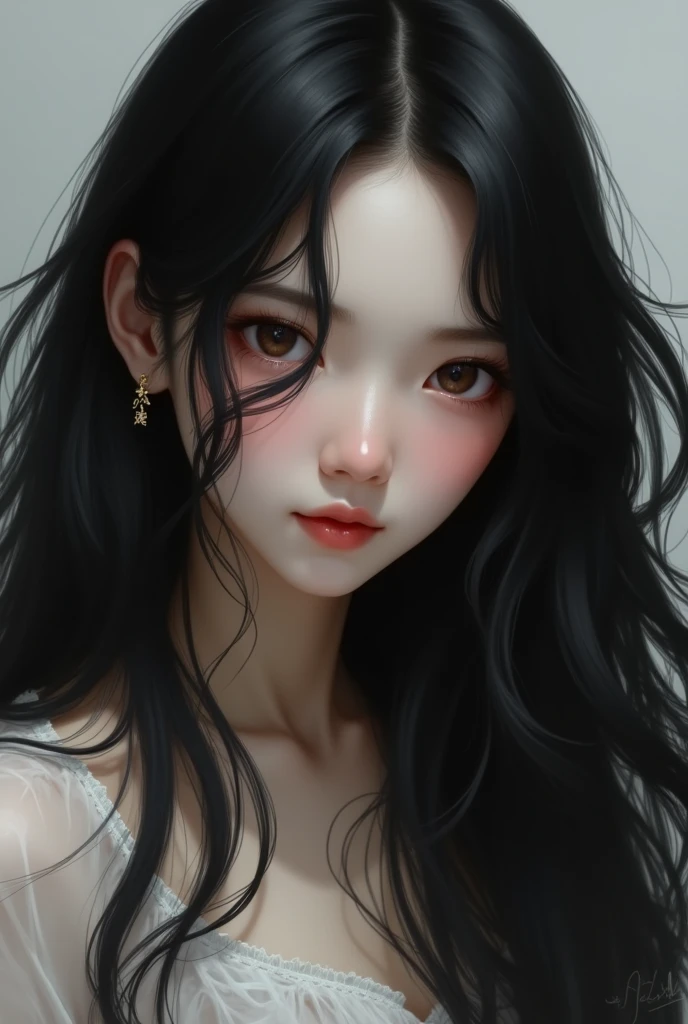 girl with long black hair,Brown eyes, White skin