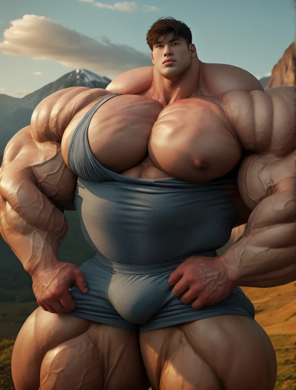 1boy, giant, asian, solo, giant bodybuilder, golden hour, strong body, bulk, large size, standing before mountain, outdoor, nude, blue triangular underwear with enormous bulge, extraordinary big, brutalmass, giant muscular body, bulk, buff, massive body, large meaty body size, extremely wide body, tallest body