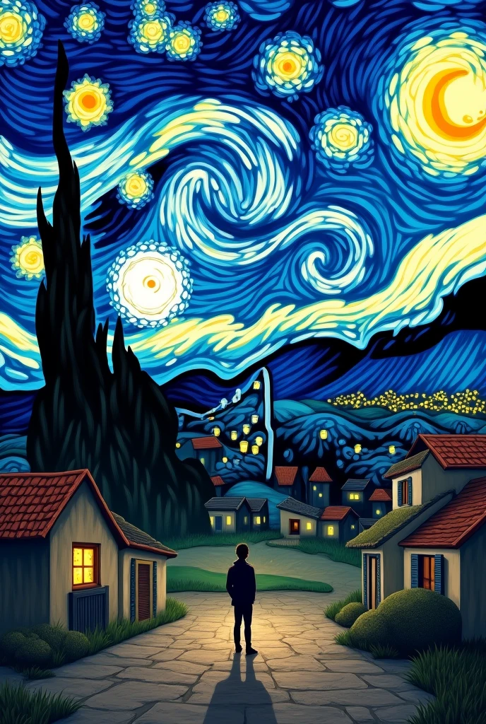 Create a story of 3 images about the work The Starry Night 