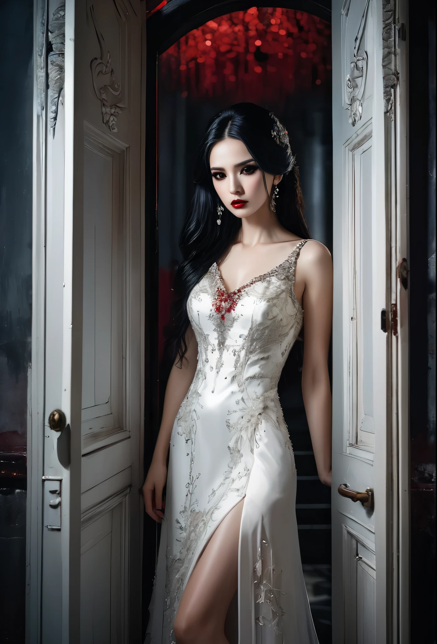 Bride listening behind the door , dark fantasy art, bridal gown , full body shot shot, a beautiful bride a (blood stained white night dress: 1.5), an extremely beautiful bride, Face ultra detailed, Bblack hair, long hair, slickedback hair, light glamorous makeup, pale skin, Red lips, glare eyes, tears in the eyes visible, She wears a ((white night dress: 1.5)), chic, detailed and intricate dress, silk dress, small neckline, ((dress is decorated with crystals: 1.4)), she wears chic knee high heeled boots, exquisite high heel knee high boots, there are blood stains on the top of the dress, dynamic background