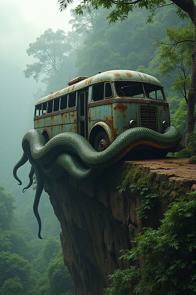 make me a photo of an old bus wrapped in a python on the edge of a cliff in the middle of the forest