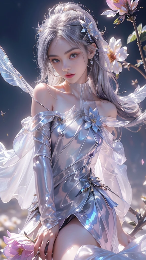 8k, masterpiece, 1 girl, beautiful face, very long hair, light makeup, (glossy skin:1.5), detailed eyes, detailed lips, small bust, short clothing, dragonfly, ((silver dragonfly clothing)), ((flowing cape)), light clothing, ((bare shoulder)), (flower falling:1.5), god rays, depth of field, ray tracing,
