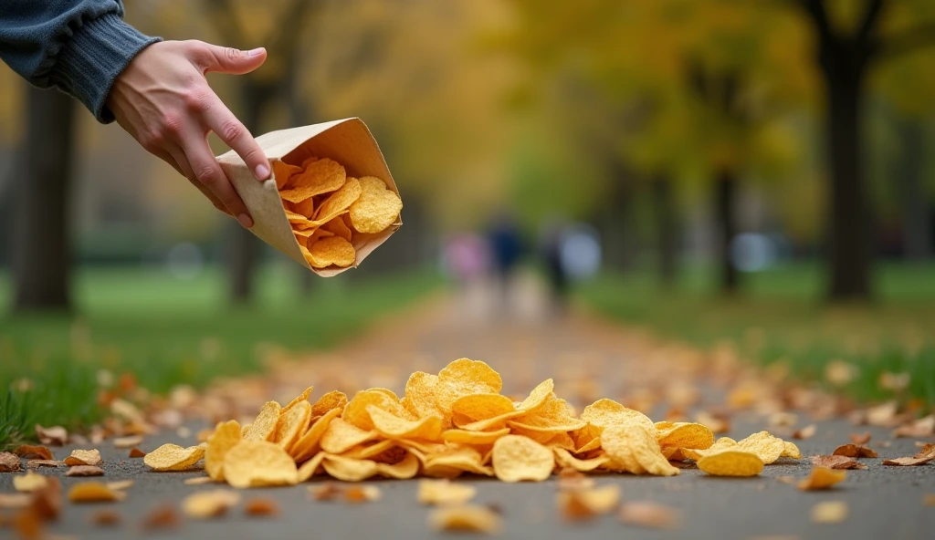 person throwing an empty bag of chips on the ground in a park