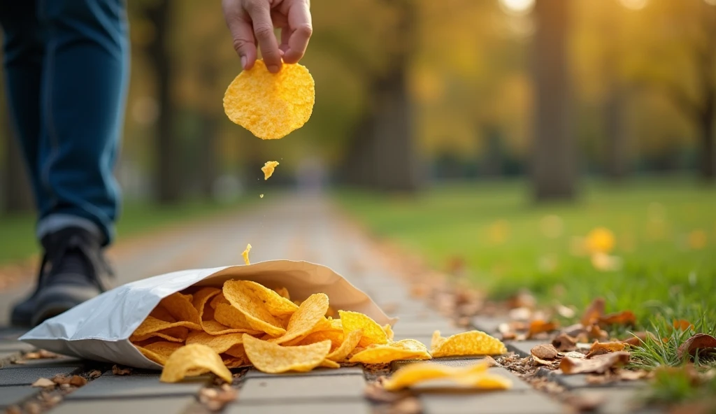 person throwing an empty bag of chips on the ground in a park