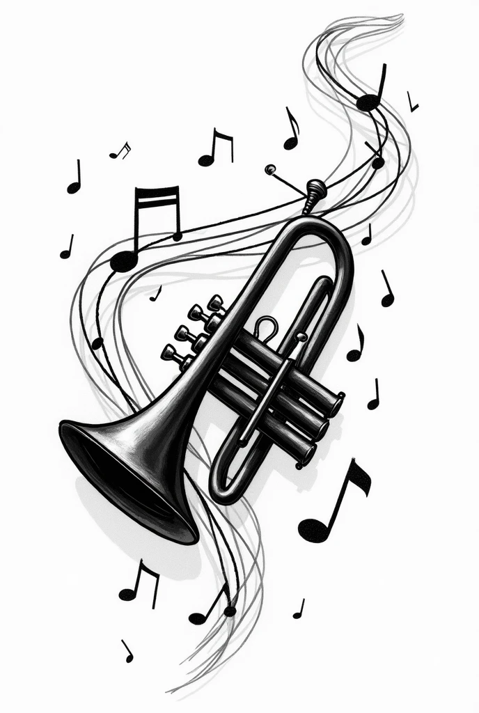 Black and white drawing of trumpet with musical notes around it