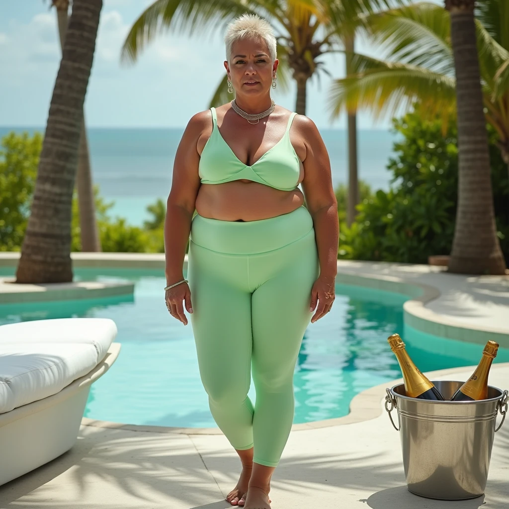 street photography of a burly middle aged woman as a ((surfer)) with ((princess cut hair)) wearing an (eyebrow ring),dressed in sports bra,leggings,pastel green,form-fitting,sleeveless,high-waisted,tropical setting,palm trees,water body,champagne bucket,white draped chair,standing upright,directly facing camera,relaxed stance,eye-level