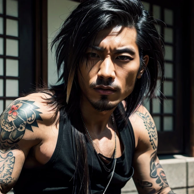 1 man, Japanese man, male, Asian eyes, muscular, broad shoulders, yakuza tattoos, hairstyle Visual Kei style, hair Visual Kei, black men's shirt and black pants, ultra detailed face, hyperrealistic, realistic representation, long hair, long hair, 30 years old, age 30 years, blonde hair