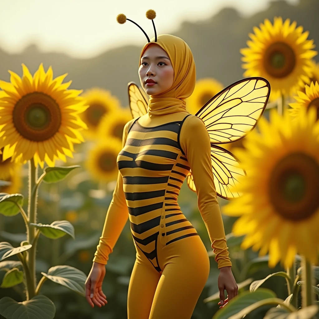 beautiful,Thin and beautiful、Asian Muslim Adult、Has beautiful cheeks。Sunflower field、Wearing a yellow striped bee lycra turtleneck unitard catsuit。It is covered with seamless black stripes.、It has two bee wings.。Always wear a bee lycra elastane stretchy dancewear hijab、Covered with seamless striped antennae。
