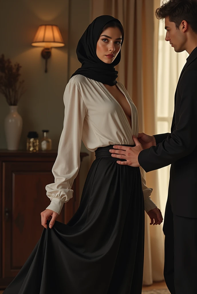 Black headscarf at home, white long sleeve t shirt, black long skirt, barefoot, sexy woman. Men touching women&#39;s buttocks. 