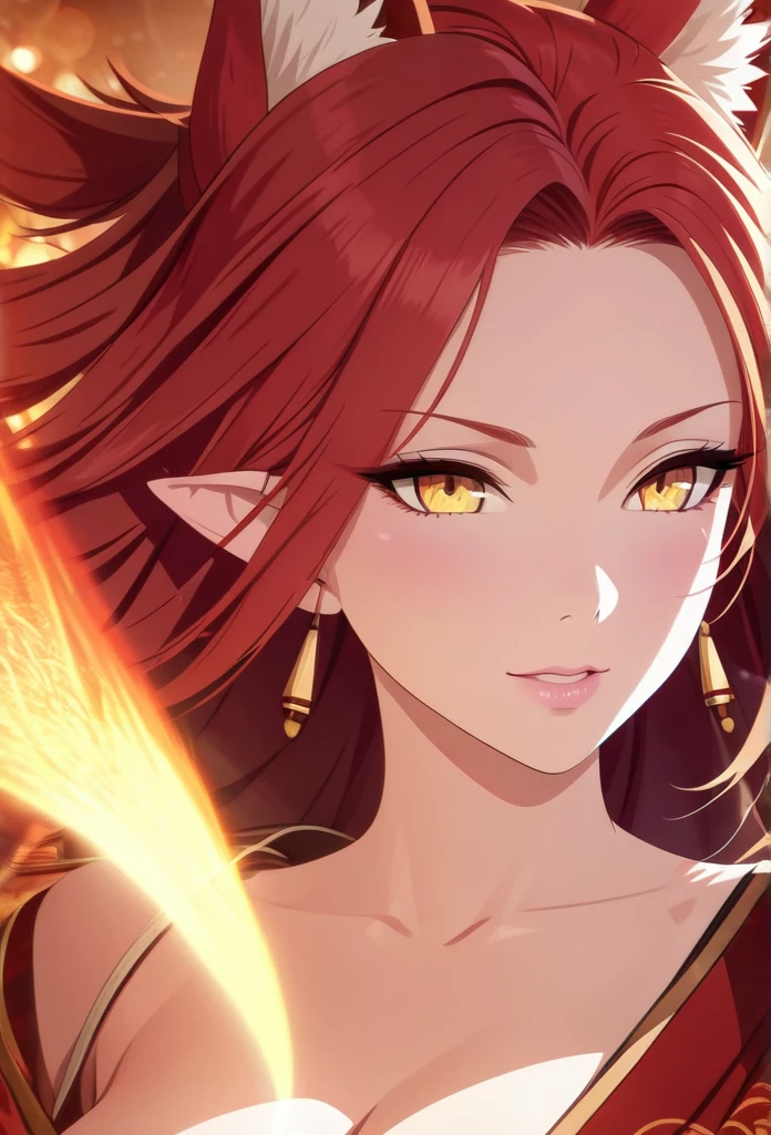 A beautiful red-haired kitsune woman, yellow eyes, multiple red kitsune tails, long red ears, mature and sexy body, large breasts, wearing a red kimono with dragon pattern, (best quality,4k,8k,highres,masterpiece:1.2),ultra-detailed,(realistic,photorealistic,photo-realistic:1.37),HDR,UHD,studio lighting,ultra-fine painting,sharp focus,physically-based rendering,extreme detail description,professional,vivid colors,bokeh,portraits,fantasy,dramatic lighting,warm color tone,glowing