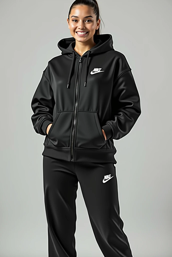 Good and black round neck Nike hoodie sweatshirt, wearing NIKE track pants, 38-D cup big firm breasts, zippered till neck jacket, Nike brand, athletic body sexy , very attractive face, cute smile, full length photo, smiling cute, mild Kaya Scodelario looking face, 34 years of age, looking at the camera straight, hands in pocket. 