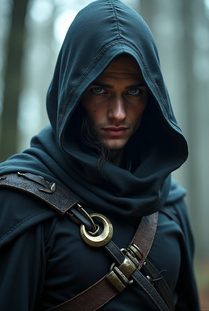 character is a half-elf man, 1.80 meters, 80 kg, blue-purple eyes, fair skin and black curly hair and wears an outfit similar to that of Assassin&#39;s Creed, but without the Assassin&#39;s Creed symbol, in place of the symbol, put a new moon.
